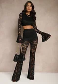 Komplety damskie - Czarny Komplet z Koronki Spodnie Flare i Bluzka Nanillia - miniaturka - grafika 1