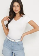 Koszulki i topy damskie - Biały T-shirt z Bawełny o Prostym Kroju z Dekoltem w Serek Fevireena - miniaturka - grafika 1