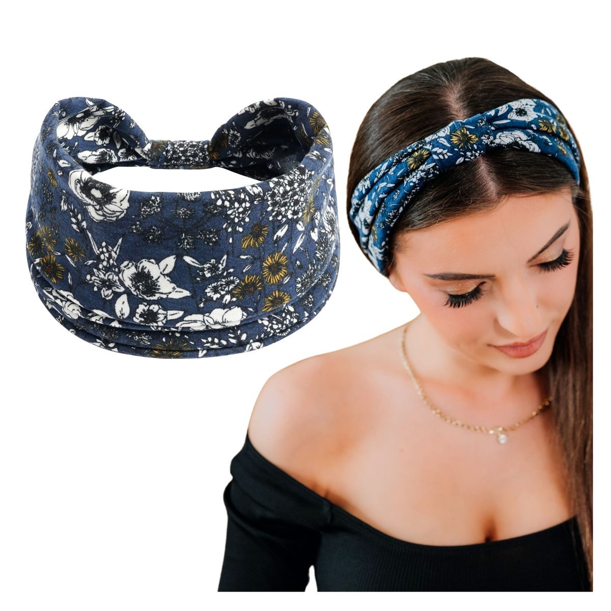 Opaska do Włosów Granatowa Turban na Głowę Szeroka w Kwiaty MIŁA W DOTYKU