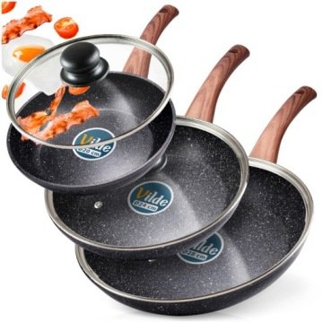 3x Patelnia Granitowa do smażenia duszenia zestaw z pokrywką 20 24 28 cm