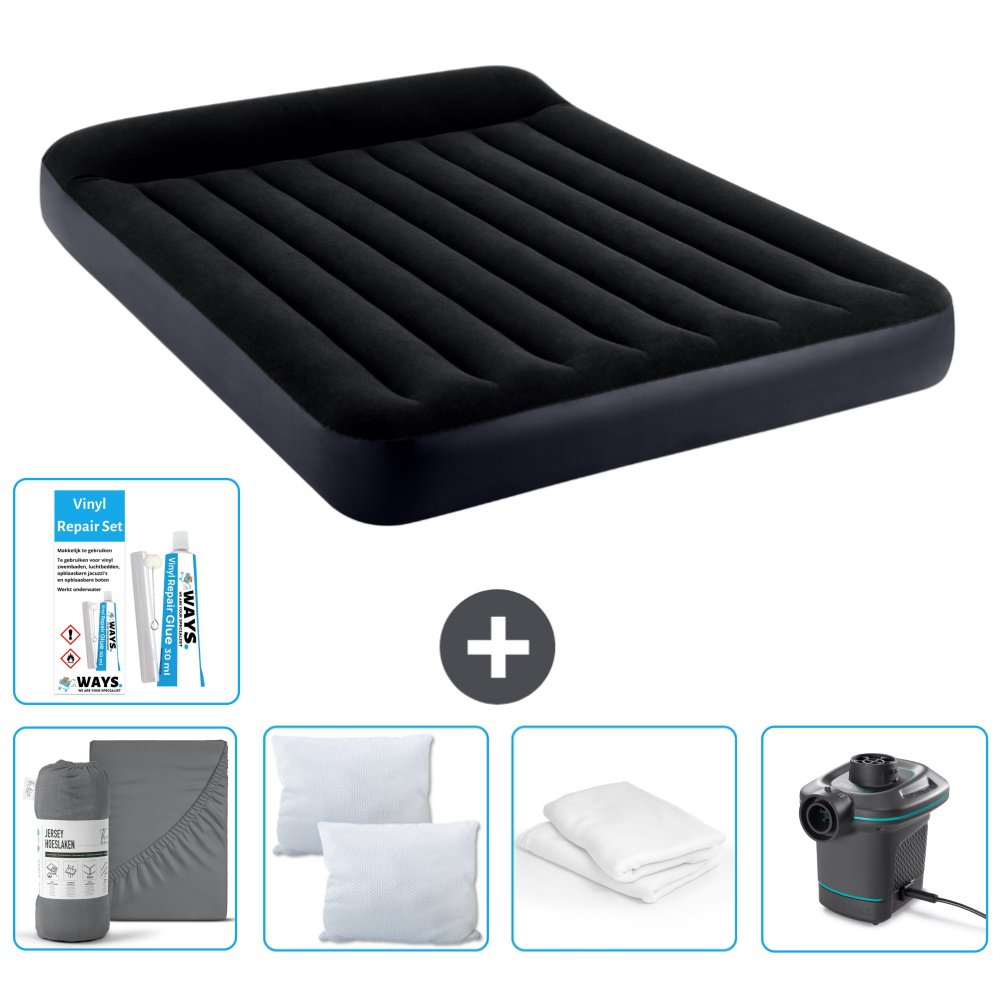 Dmuchane łóżko Intex - 2 osoby - 152 x 203 x 25 cm - Ciemnoniebieski - W zestawie prześcieradło - pocałunek - pompka - zestaw naprawczy en ochraniacz na poduszkę