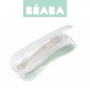Beaba, Zestaw 2 łyżeczek silikonowych w podróżnym etui 4 m+, Sage Green - Sztućce dla dzieci - miniaturka - grafika 1