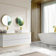 Szafki łazienkowe - Szafka pod umywalkę wisząca ryflowana ze złotą listwą - Biały - 150 cm - KELIZA - miniaturka - grafika 1