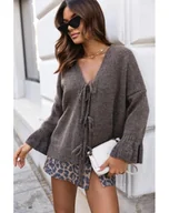 Swetry damskie - Sweter Piko z wiązaniem polski producent J&K Premium - brązowy - miniaturka - grafika 1