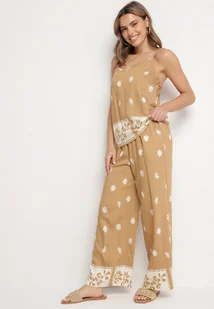 Beżowy Wiskozowy Komplet Koszulka na Ramiączkach i Spodnie w Kwiaty Adisira - Komplety damskie - miniaturka - grafika 1