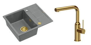 Quadron Unique Zlewozmywak granitowy jednokomorowy 62*50*22 cm z ociekaczem MORGAN 116 SILVER STONE z syfonem Push-2-Open w kolorze złotym z baterią ANGELINA Q LINE z wyciąganą wylewką kolor złoty - Zlewozmywaki z baterią - miniaturka - grafika 1