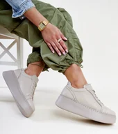 Sneakersy damskie - Ciemnobeżowe skórzane sneakersy z cyrkoniami Karino-40 - miniaturka - grafika 1