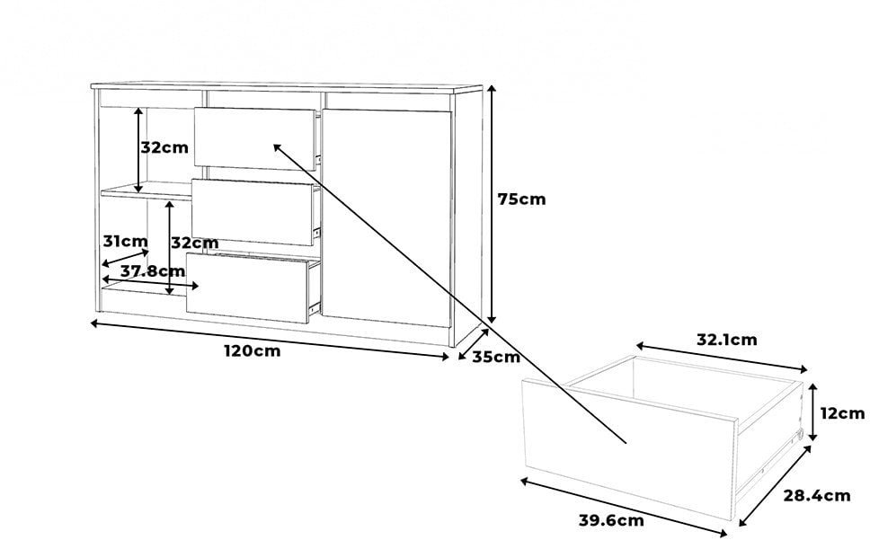 Komoda Z 3 Szufladami Do Sypialni Salon Agnes 120cm Dąb Wotan Biały Połysk