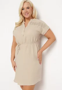 Beżowa Pudełkowa Sukienka Bawełniana ze Sznurkiem w Pasie Quimalia - Sukienki - miniaturka - grafika 1