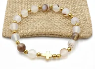 Bransoletki - Bransoletka różaniec na rękę agat szaro beżowy rękodzieło - miniaturka - grafika 1