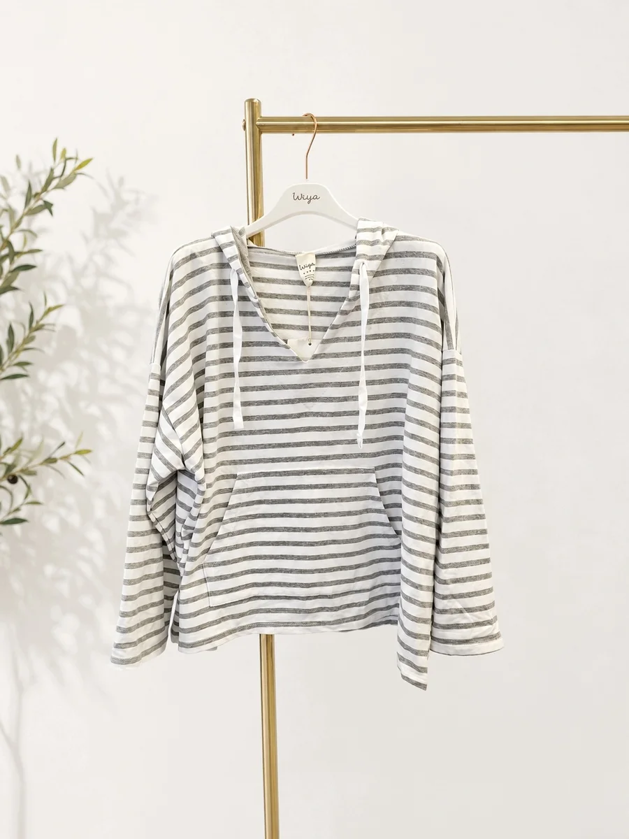 Szara Bluza damska WIYA w paski z kapturem – oversize