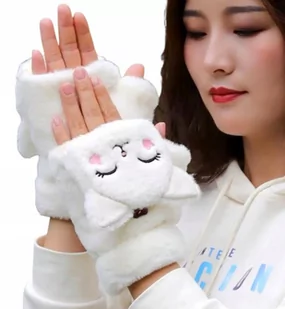 Damskie Rękawiczki Krótkie Zimowe Mitenki Ocieplane Bez Palców Ciepłe Koty - Rękawiczki - miniaturka - grafika 1