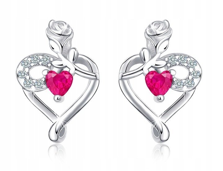 SREBRNE KOLCZYKI 925 SERCE Z RÓŻĄ GRAWER