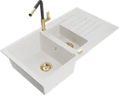 Zlewozmywaki z baterią - Mexen Matias zlewozmywak granitowy 1,5-komorowy z ociekaczem i baterią kuchenną Flora, biały - 6502-20-670401-57-G - miniaturka - grafika 1