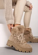 Botki damskie - Ciemnobeżowe Traperki z Futerkiem na Grubej Podeszwie Tairene - miniaturka - grafika 1