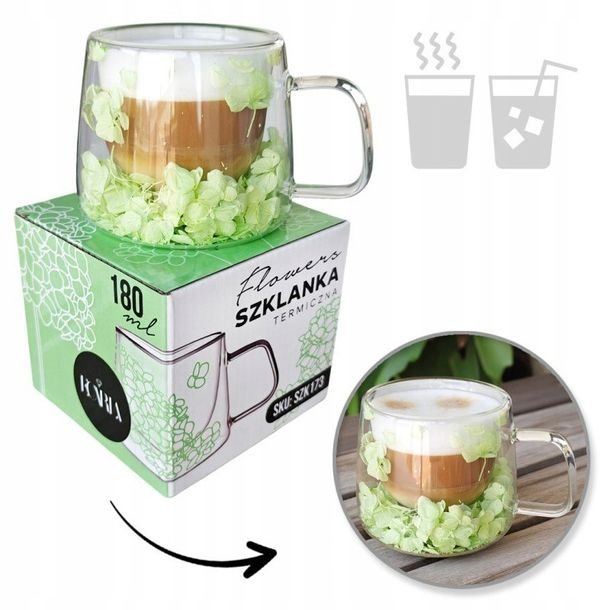Szklanka termiczna z zieloną hortensją 180 ml kawa herbata deser
