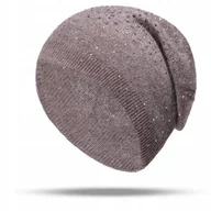 Czapki damskie - jasnobrązowa CZAPKA damska cyrkonie zimowa jesienna BEANIE elegancka - miniaturka - grafika 1