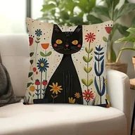 Poszewki na poduszki - Poszewka 45x45 czarny kot retro artystyczna rośliny kwiaty dla kociary boho - miniaturka - grafika 1