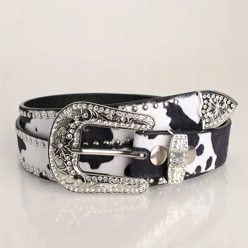 Pas cienki pasek łatki krowa glam punk y2k retro disco czarno-biały 120 cm