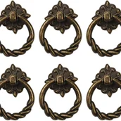 Zawiasy, okucia i inne akcesoria - Zestaw 6 uchwytów do szuflad w kolorze brązu w stylu vintage, antyczny pierścień do szuflady, pojedynczy otwór, ozdobne okucia - miniaturka - grafika 1