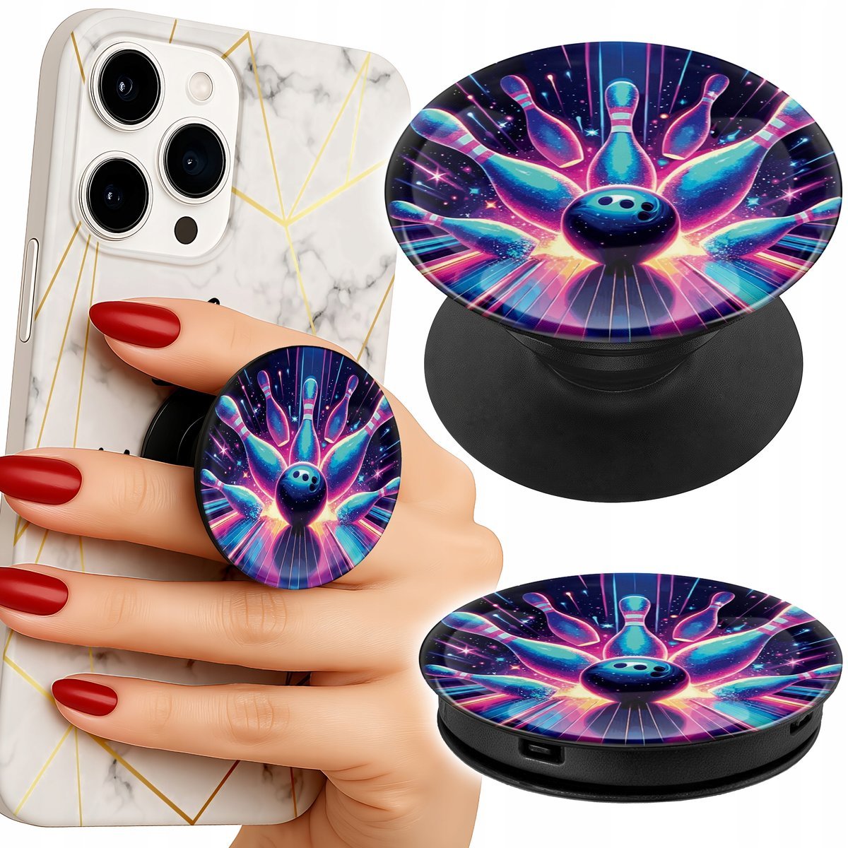 Uchwyt do telefonu Popsocket na palce/stojak KRĘGLE BOWLING STRIKE
