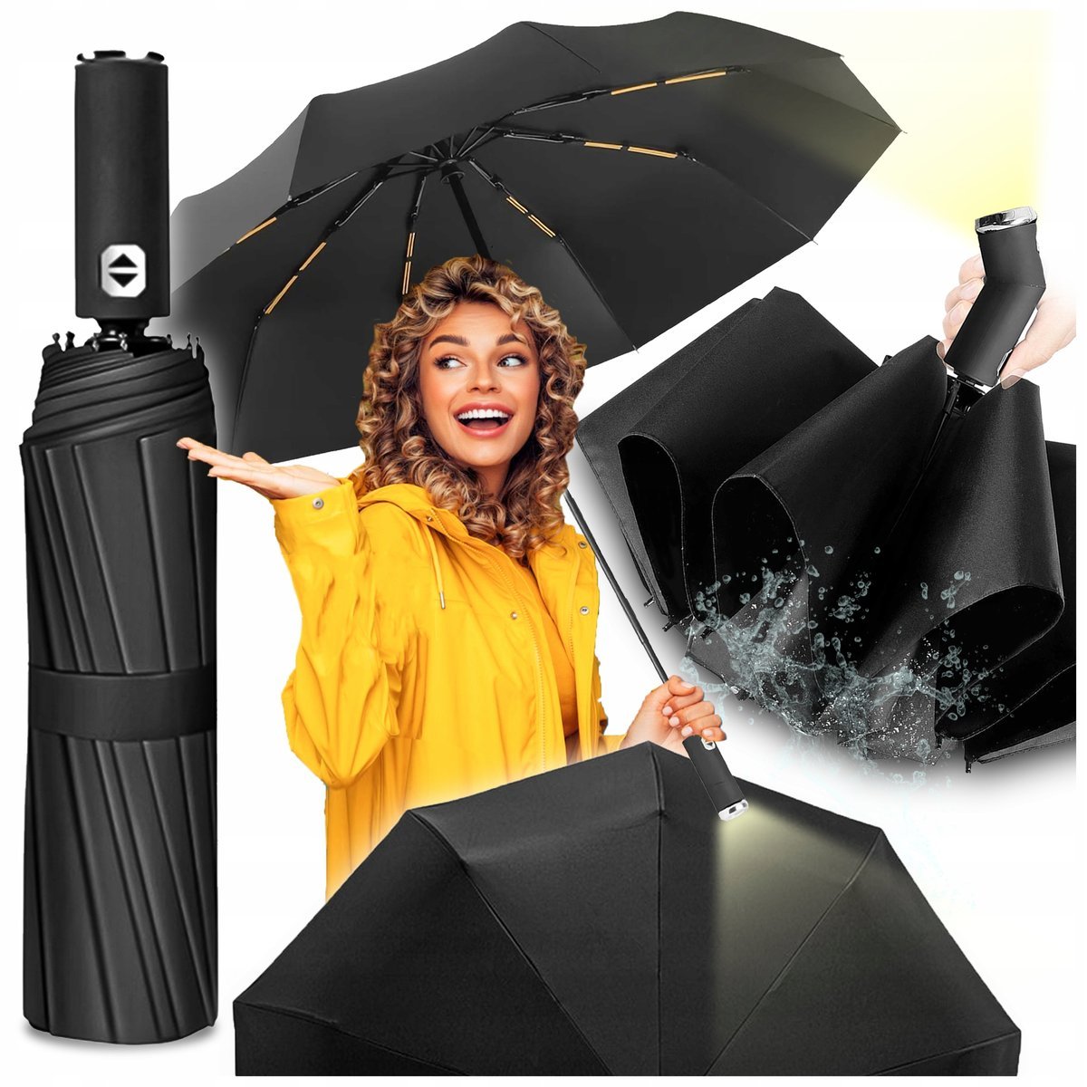 PARASOLKA SKŁADANA DUŻY ELEGANCKI MOCNY + PODŚWIETLENIE LED CZARNY