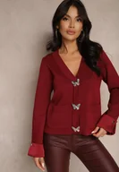Swetry damskie - Bordowy Kardigan z Wiskozy Zdobiony Guzikami w Kształcie Motyli i Podwiniętymi Rękawami Tiredi - miniaturka - grafika 1