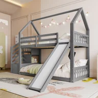 Łóżka dla dzieci i młodzieży - Łóżko piętrowe 90x200cm z drewna sosnowego - z barierkami + schodki do przechowywania + zjeżdżalnia - Szare - miniaturka - grafika 1