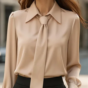 TEMU Elegancka Damska Koszula z Długim Rękawem i Guzikami z Wiązaniem z Przodu - Szykowny Beżowy , Kołnierzyk, Wszechstronna do Codziennego i - Koszule damskie - miniaturka - grafika 1