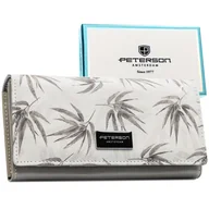 Portfele - Portfel damski Peterson duży z ochroną kart RFID skórzany pojemny ze skóry naturalnej roślinny wzór biały szary - miniaturka - grafika 1