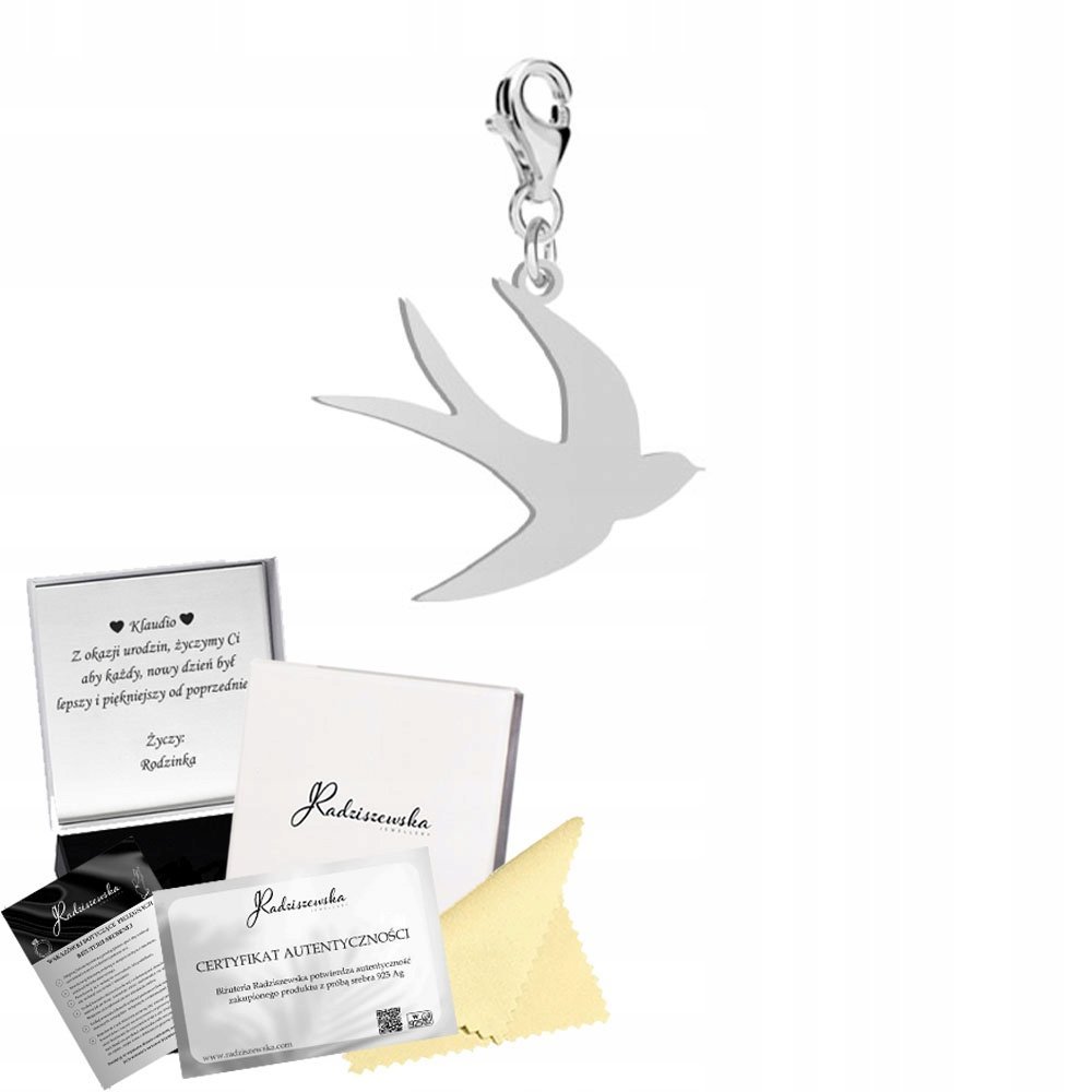 Charms Srebrny JASKÓŁKA Karabińczyk Prezent SREBRO 925 DEDYKACJA GRATIS