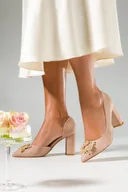 Czółenka - Beżowe czółenka z kwiatami damskie na słupku z wycięciem skórzana wkładka Casu D24X14-BE-37 - miniaturka - grafika 1