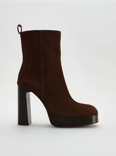 Reserved - Skórzane botki na obcasie - brązowy - Kozaki damskie - miniaturka - grafika 1