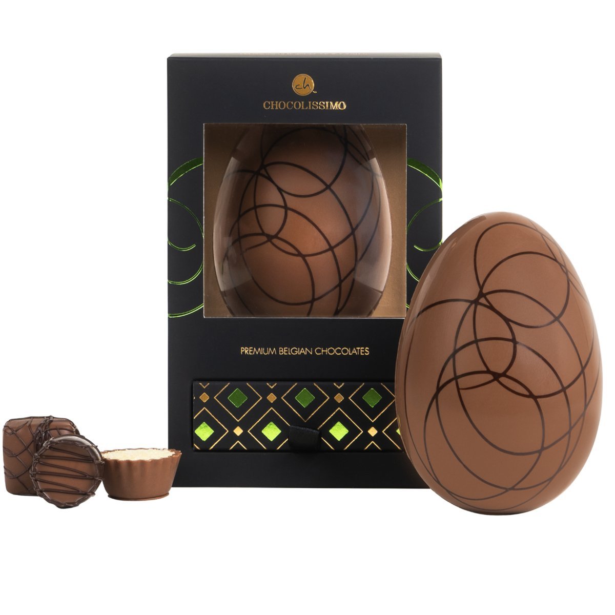 Wielkanocna pisanka z mlecznej belgijskiej czekolady ze zdobieniami oraz 4 ręcznie wykonane pralinki Prezent na Wielkanoc 180 g