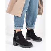 Botki damskie - Czarne botki damskie na obcasie ze skóry naturalnej nubuk z ozdobną klamrą Sergio Leone - miniaturka - grafika 1