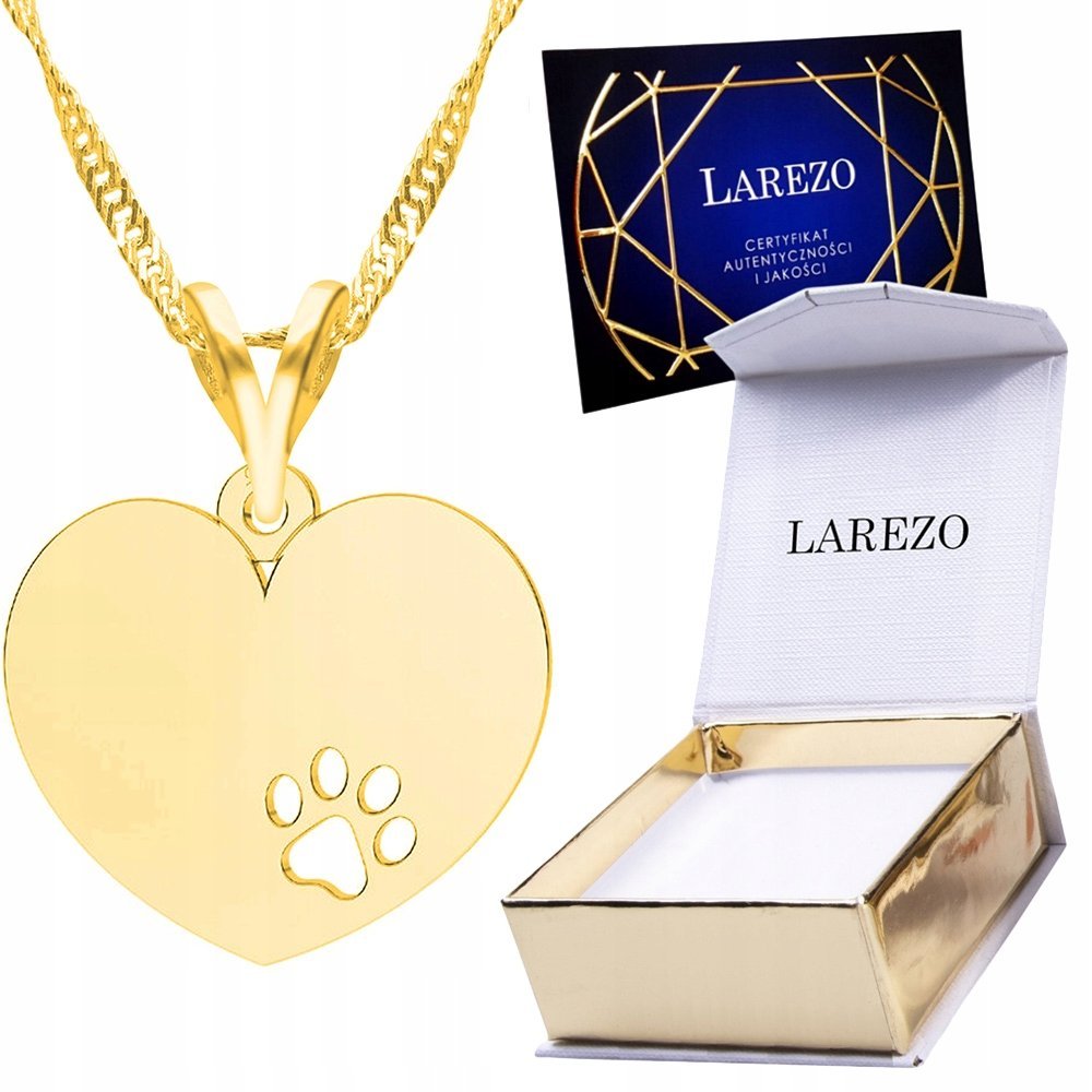 Złoty Naszyjnik 925 z Sercem Serce Psia Łapka Łapa bff Pies Pozłacany 24K