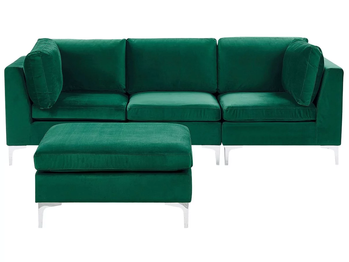 Beliani Sofa modułowa 3-osobowa z otomaną welurowa zielona EVJA