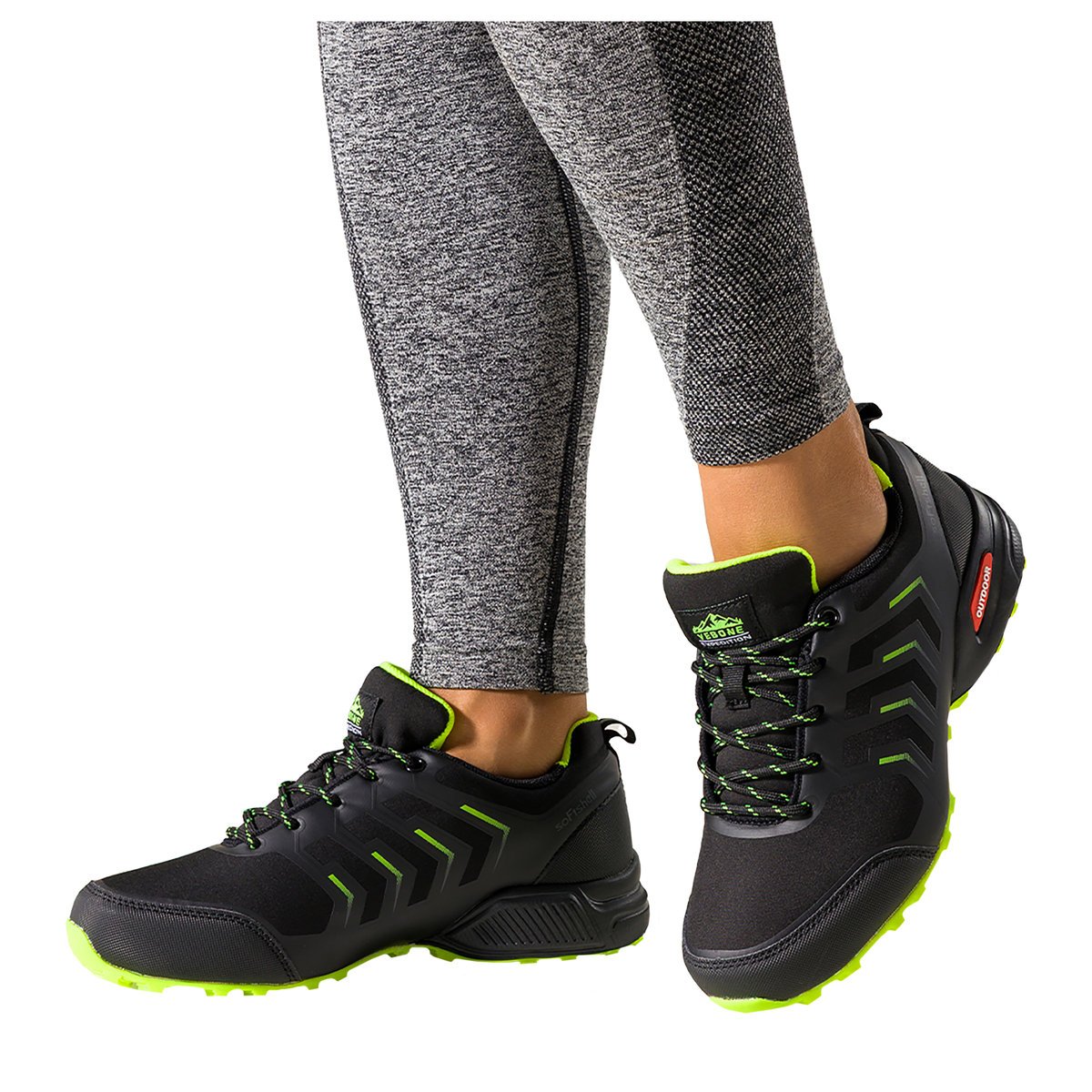 Czarne buty trekkingowe damskie buty sportowe softshell na bieżnikowanej podeszwie seledynowe wstawki sznurowane Carla EY82976-7-36