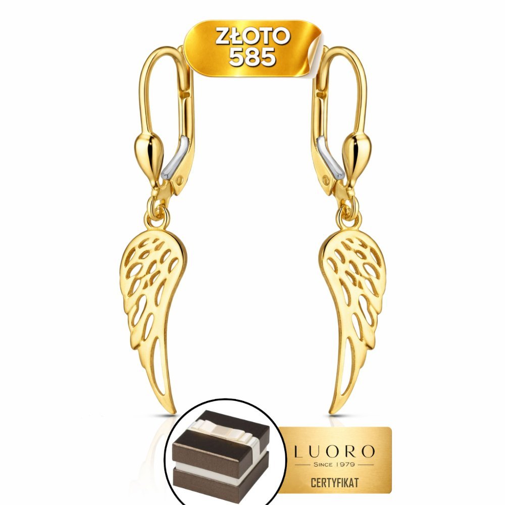 KOLCZYKI ZŁOTE 585 14K AŻUROWE SKRZYDŁA 3 CM ANGIELSKIE ZAPIĘCIE