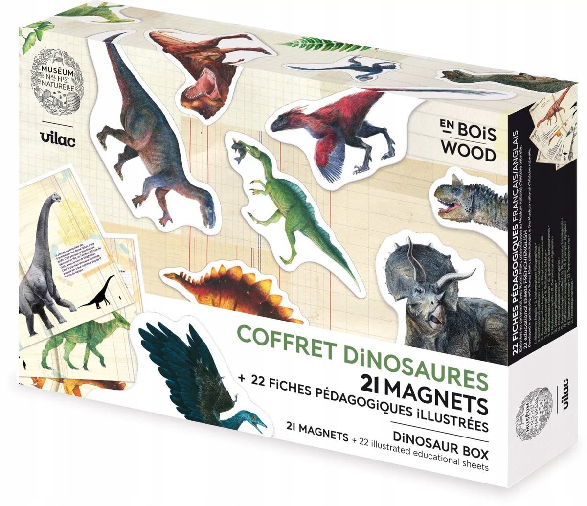 Vilac Magnesy drewniane Dinozaury z kartami edukacyjnymi +3