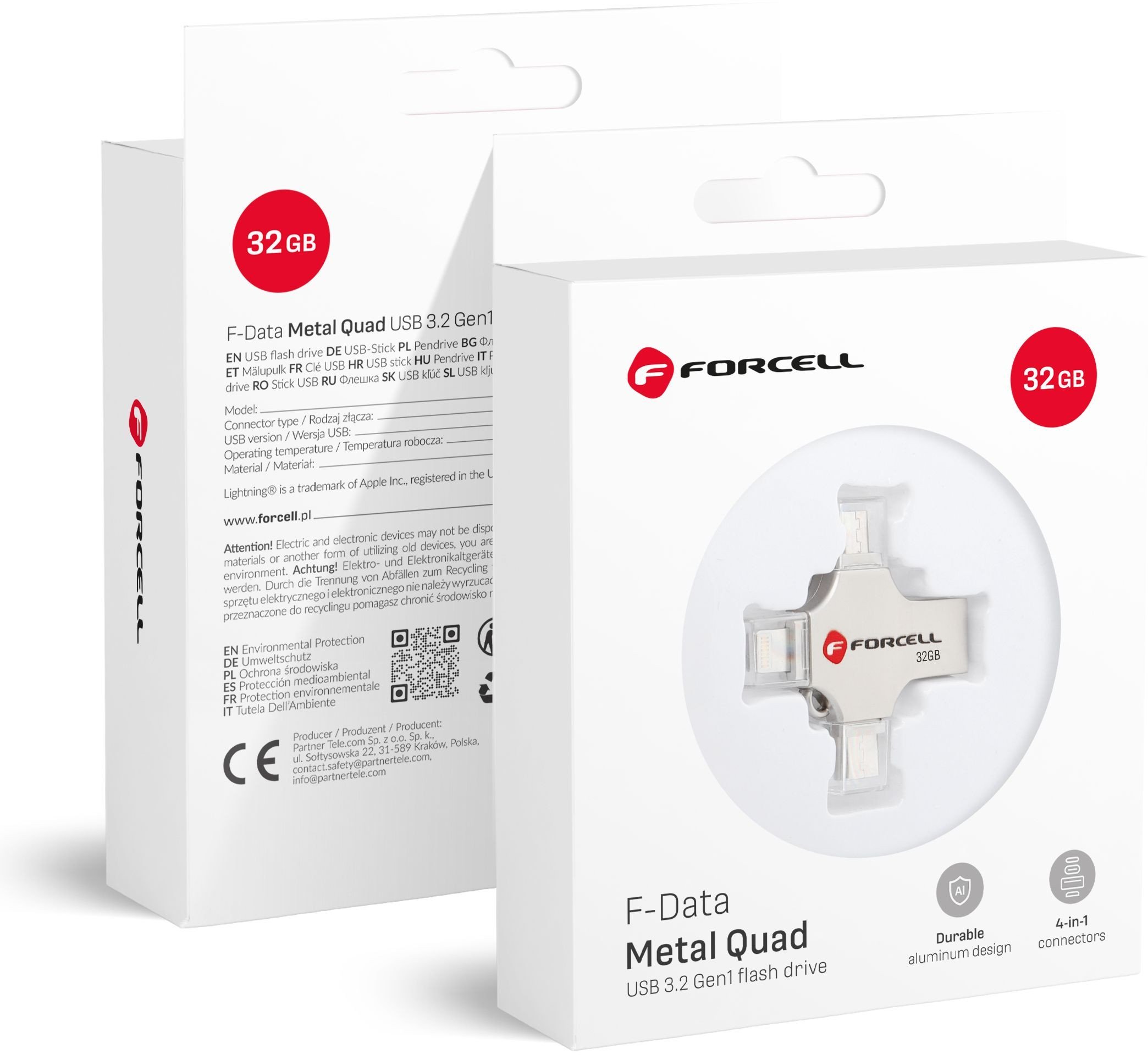 Pendrive 32GB USB 3.2 Gen 1 USB A / USB C / Lightning / Micro USB Forcell F-Data Metal Quad srebrny