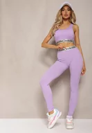Legginsy - Jasnofioletowe Sportowe Legginsy Elastyczne z Ozdobną Szeroką Gumą w Pasie Larnode - miniaturka - grafika 1