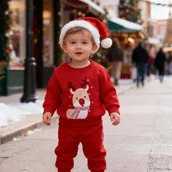 Komplety dla niemowląt - TEMU Odpowiedni na jesienne i zimowe sporty na świeżym powietrzu, dla chłopców, niemowląt chłopców, Haftowany czerwony jeleń w szaliku, haftowane - miniaturka - grafika 1