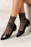 Baleriny - Czarne baleriny damskie z ozdobą na niskim klocku skórzana wkładka Casu ER24WX12-B - miniaturka - grafika 1