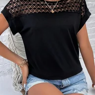 Bluzki damskie - TEMU Bluzka z Czarnymi Rękawami Nietoperzowymi i Koronką dla Kobiet - Letni Styl Wakacyjny, Jednokolorowa Bluzka w Kontrastowe Wzory na Rękawy do - miniaturka - grafika 1