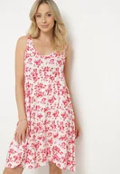 Sukienki - Biało-Różowa Rozkloszowana Sukienka z Bawełny z Kwiatowym Wzorem Anniviana - miniaturka - grafika 1