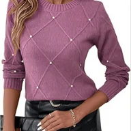 Swetry damskie - TEMU Elegancki beżowy sweter damski z perłowymi detalami - luźny sweter z długim rękawem i okrągłym dekoltem, do prania ręcznego, na każdą porę roku, - miniaturka - grafika 1