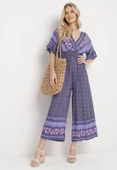 Kombinezony - Granatowy Bawełniany Kombinezon z Gumkami w Pasie i Kopertowym Dekoltem Zapinany z Tyłu na Guziki Lorrania - miniaturka - grafika 1