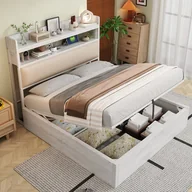 Łóżka - Łóżko ze schowkiem 140 x 200 cm z zagłówkiem i półkami do przechowywania - gniazda USB i typu C - MDF i metal - białe (bez materaca) - miniaturka - grafika 1