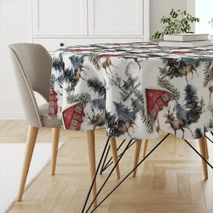 Obrus okrągły WINTER wzór BN26 | czerwona chatka w lesie średnica 140 cm - Obrusy i serwetki - miniaturka - grafika 1